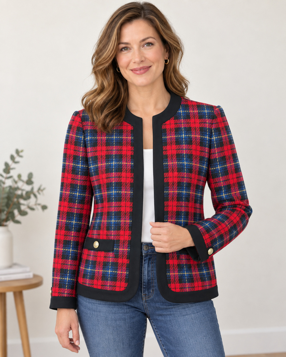 Vtg 90s Leslie Fay Red Tartan Plaid Button Up Tweed Blazer 10 Prep Academia